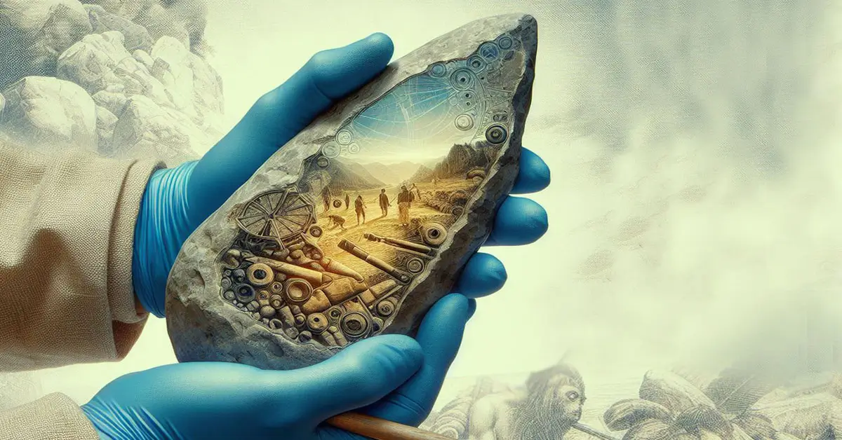 An archaeologist holding a stone tool with its history illustrated on it - KamalsJournal - Post Processual Archaeology